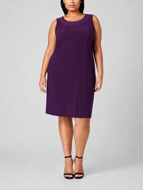 R&M Richards 14W Plum Sparkle Neckline Dress Plus Wedding Guest Event Evening